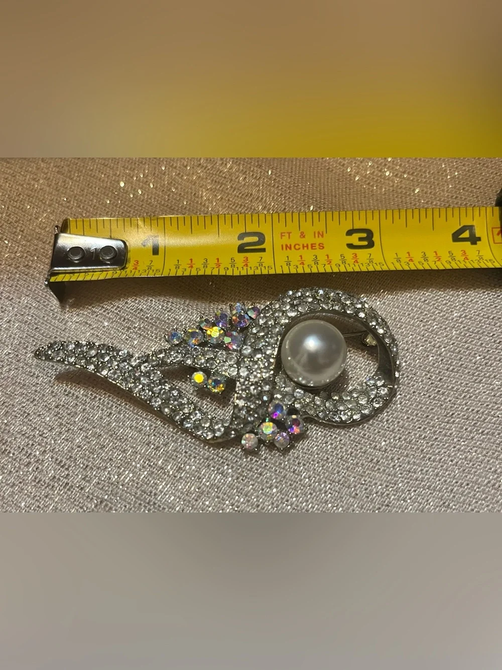 Ribbon Brooch Vintage Style Iridescent & Clear Rhinestones & Faux Pearl